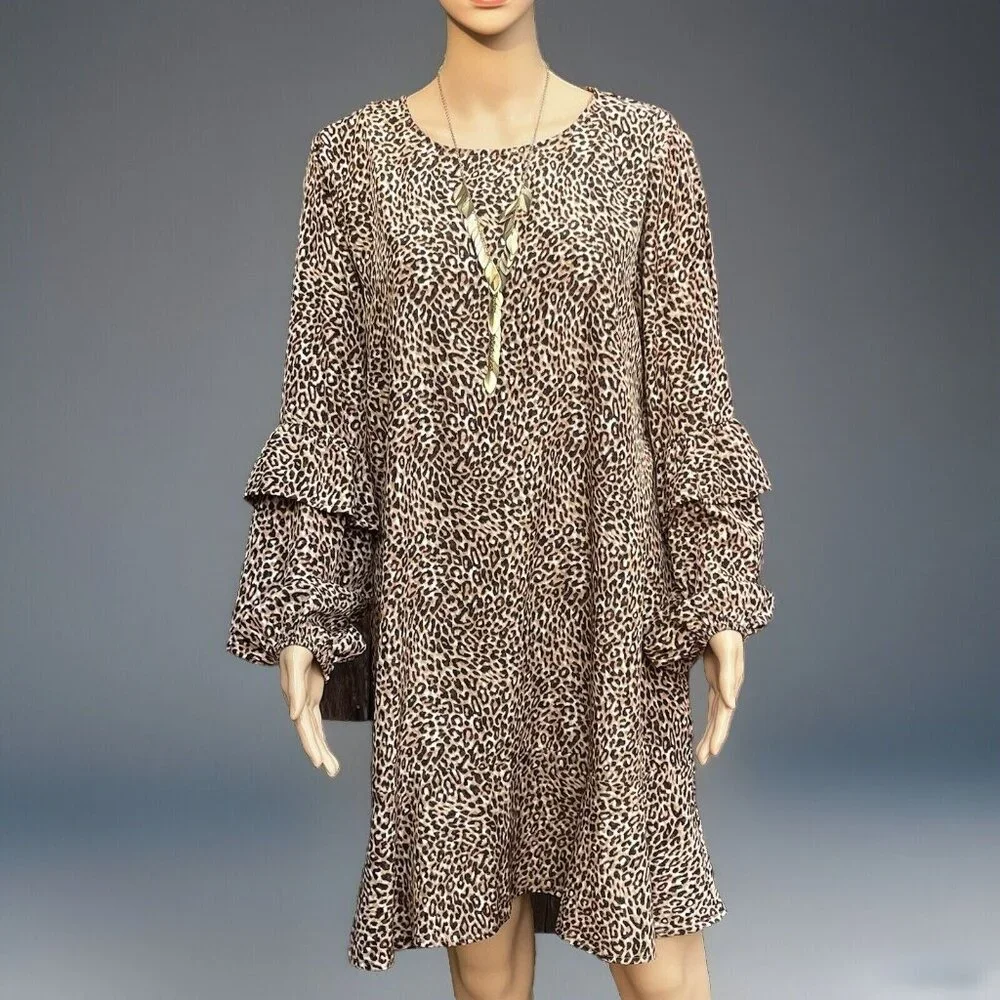Andree By Unit Size L Shift Dress Leopard Print Puff Tiered Sleeves Ruffle Sheer